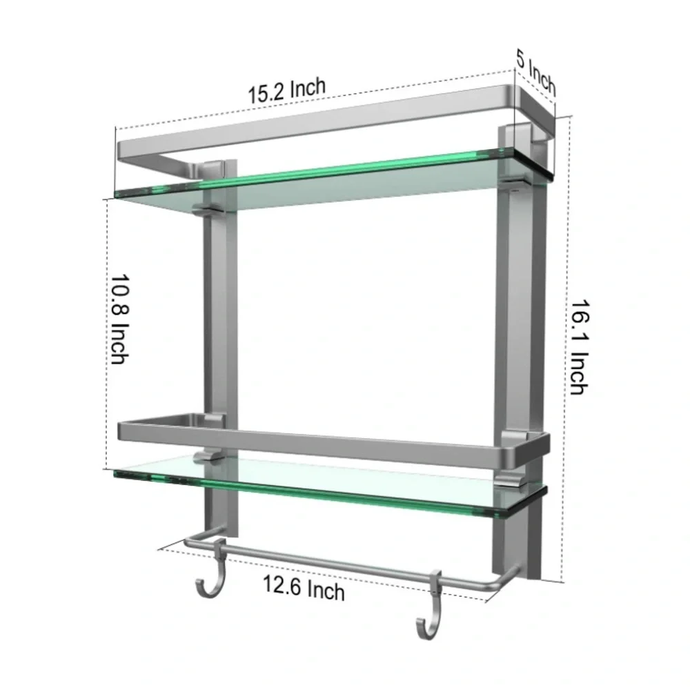 Tempered Glass Bathroom Shelf, 2 Tier Shelf with Towel bar Wall Mounted Silver
